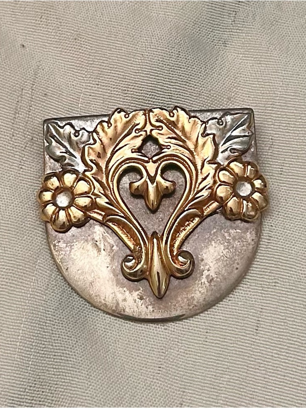 Vintage Two-Tone Floral Fleur-de-Lis Brooch Pin with Filigree Accents